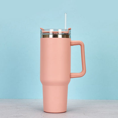 EasyOptionXY 1200ml stainless steel thermal travel mug with handle and straw, designed for coffee and drinks on the go.