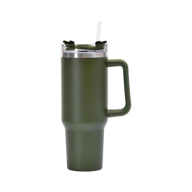EasyOptionXY 1200ml stainless steel thermal travel mug with handle, straw, and drinkware for hot or cold beverages.