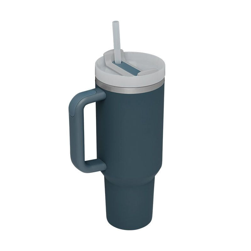 EasyOptionXY 1200ml stainless steel travel mug with handle, straw, and thermal insulation for hot or cold drinks.