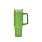 Stainless steel 1200ml thermal travel mug with handle, straw, and drinkware design, suitable for coffee and beverages on the go.