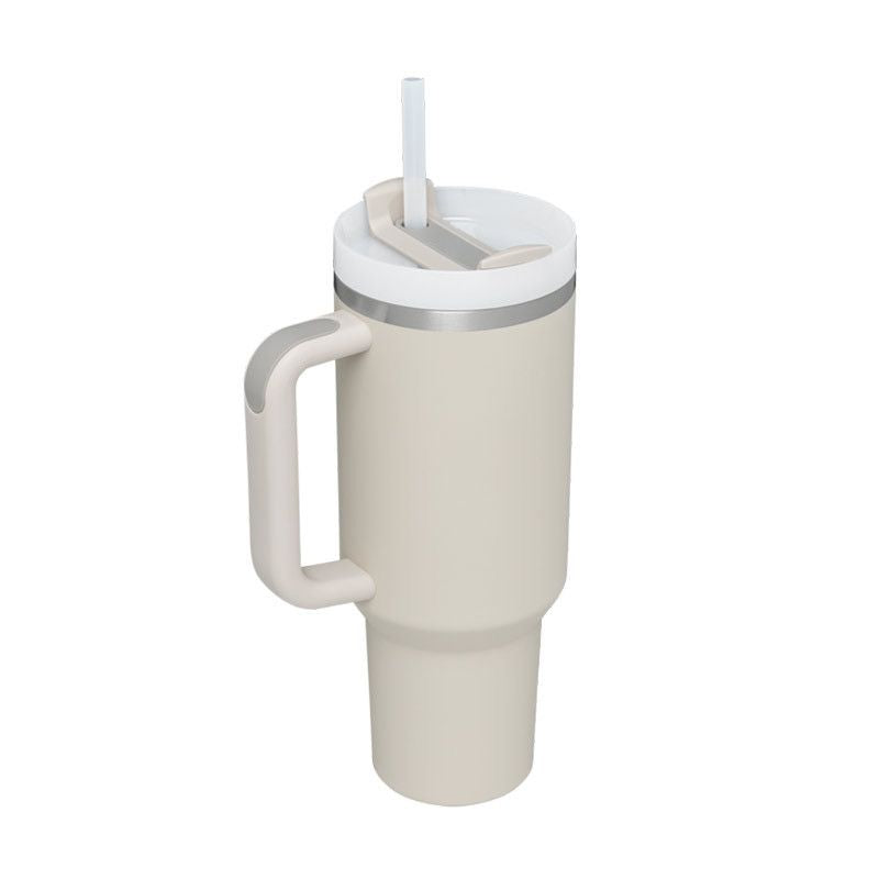 EasyOptionXY 1200ml stainless steel travel mug with handle, straw, and thermal insulation for hot and cold beverages.