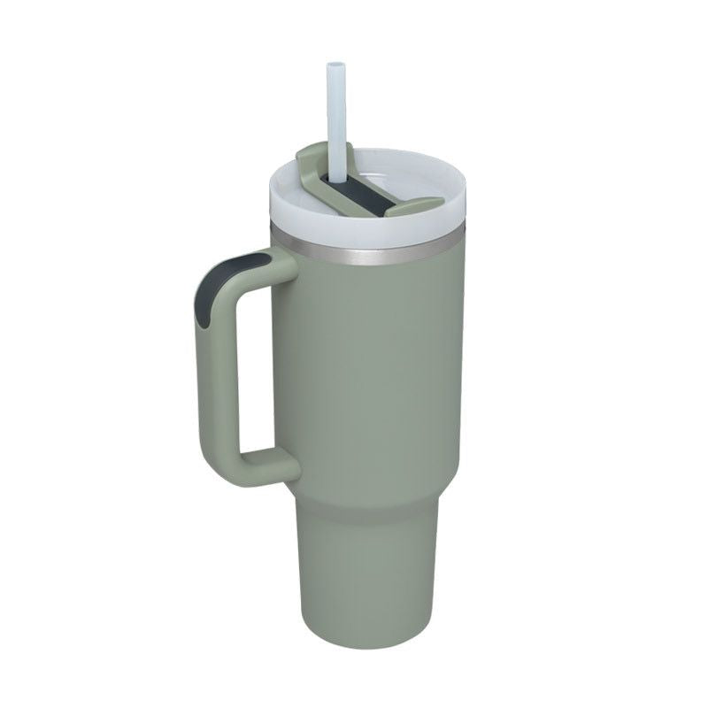 EasyOptionXY 1200ml stainless steel thermal travel mug with handle and straw, ideal for hot or cold beverages on the go.