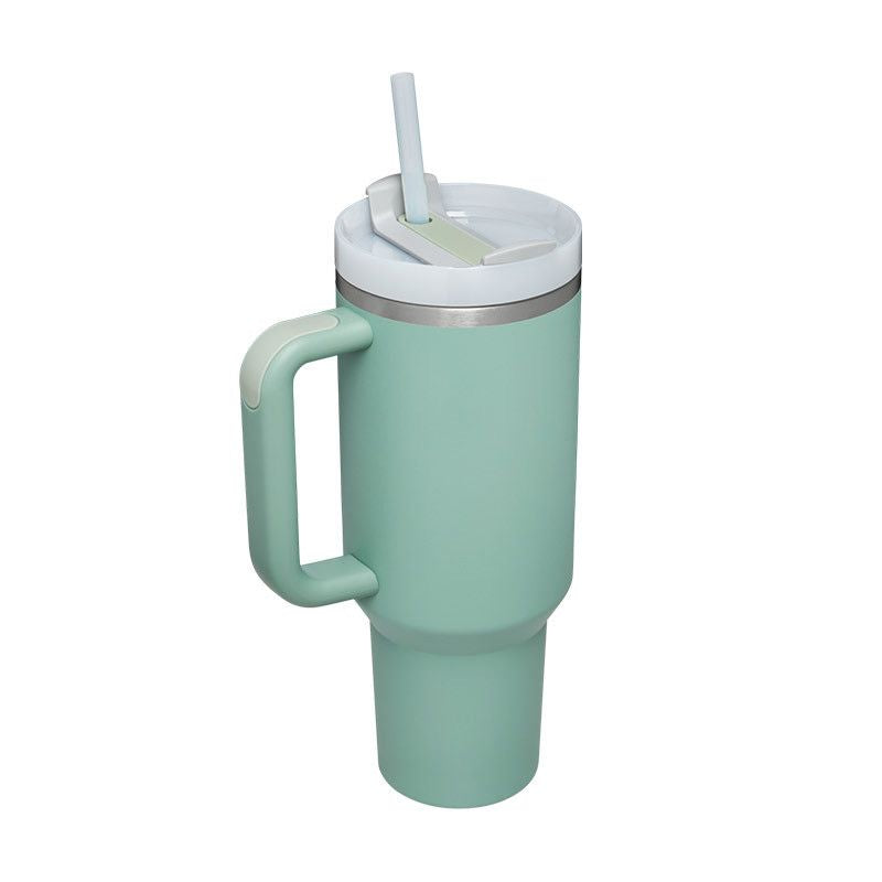 EasyOptionXY 1200ml stainless steel thermal travel mug with handle, straw cup, and drinkware for hot and cold beverages.