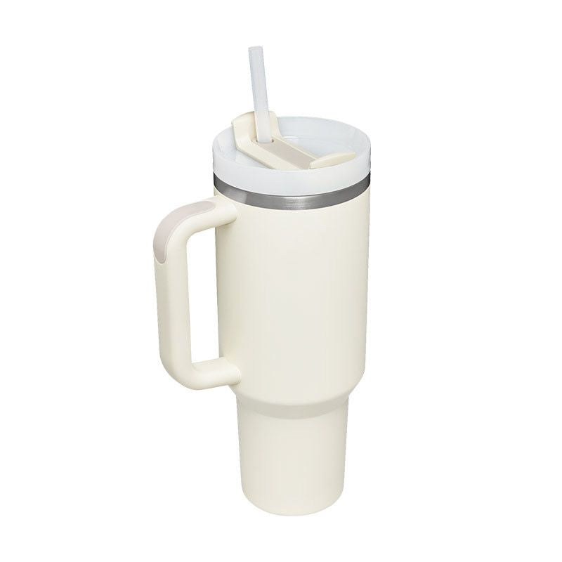 EasyOptionXY 1200ml stainless steel thermal travel mug with handle, straw, and spill-proof lid for hot and cold beverages.