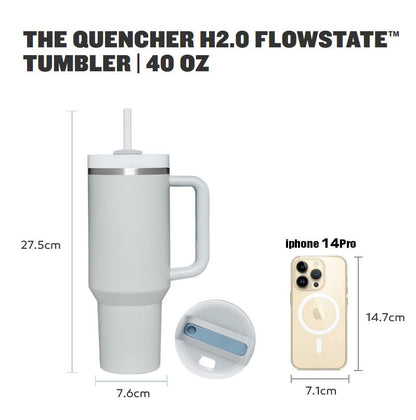 EasyOptionXY 1200ml stainless steel thermal travel mug with handle, straw, and spill-proof lid for hot or cold drinks.