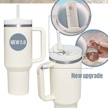 EasyOptionXY 1200ml stainless steel travel mug with handle, straw, and thermal insulation for hot and cold beverages.