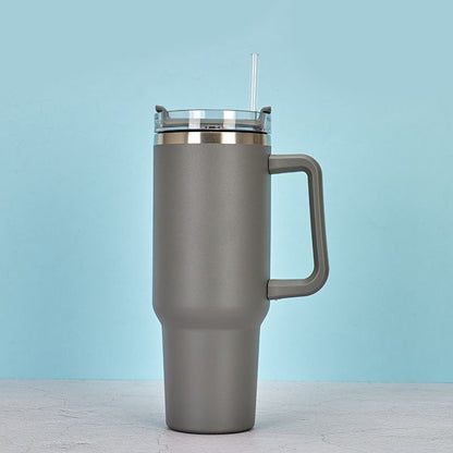 EasyOptionXY 1200ml stainless steel thermal travel mug with handle, straw, and spill-proof lid for hot and cold beverages.