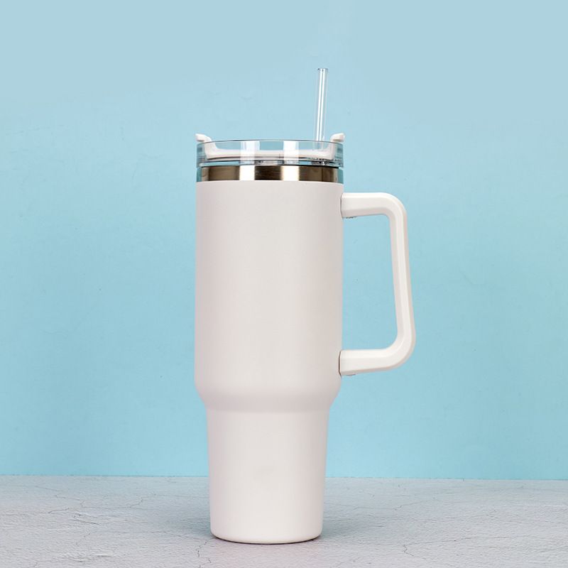 EasyOptionXY 1200ml stainless steel thermal travel mug with handle, straw, ideal for coffee and drinks on the go.