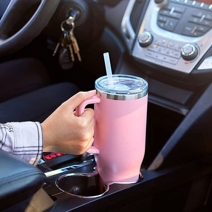 EasyOptionXY 30oz stainless steel travel coffee mug with handle, large capacity, thermal insulation, and leak-proof lid.