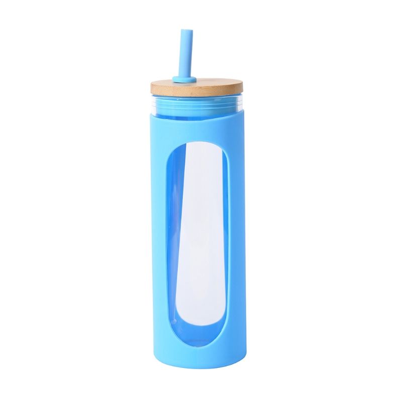 Glass water tumbler with silicone bamboo lid and straw, reusable iced coffee cup featuring EasyOptionXY branding