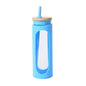 Glass water tumbler with silicone bamboo lid and straw, reusable iced coffee cup featuring EasyOptionXY branding