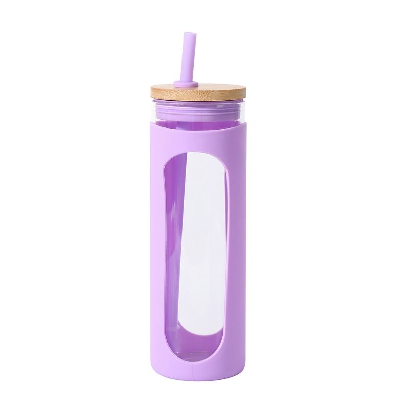 Clear glass water tumbler with silicone bamboo lid, reusable straw, and iced coffee bottle design by EasyOptionXY