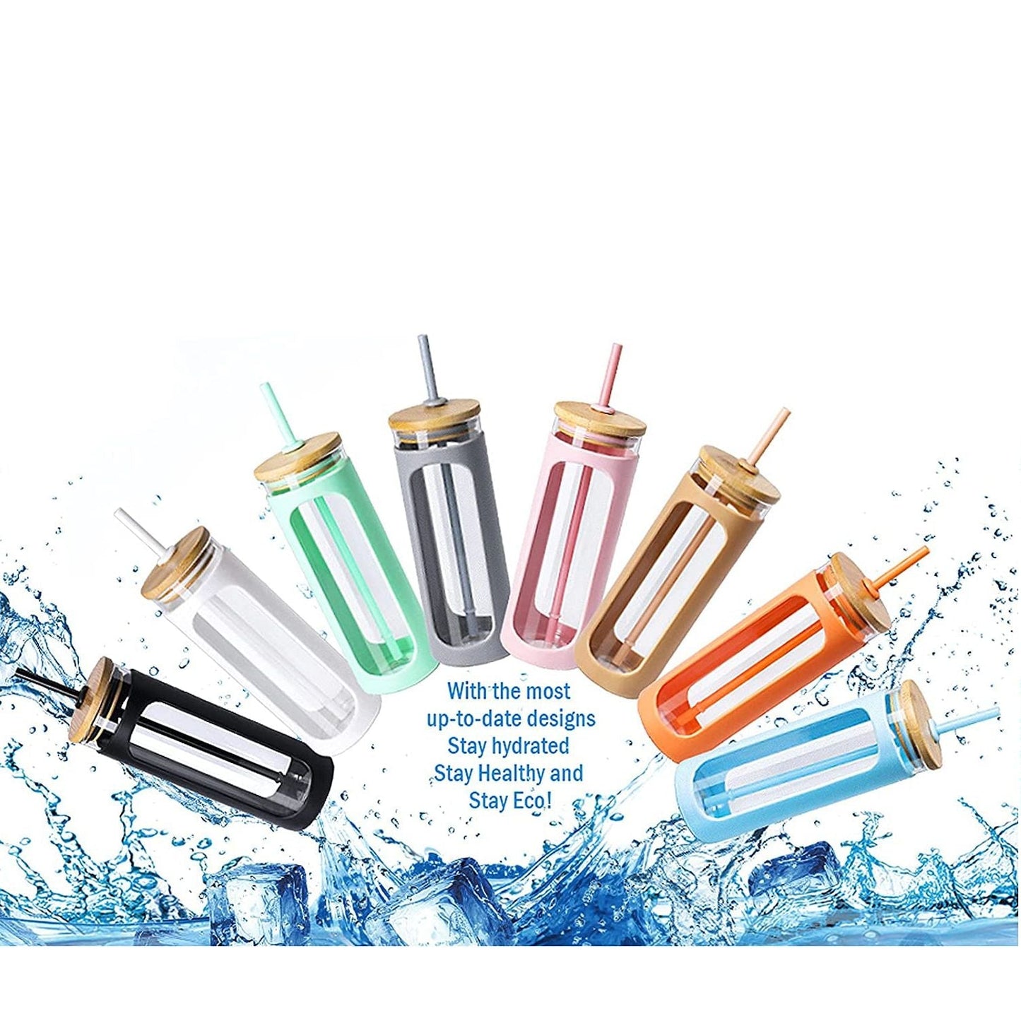 Reusable glass water tumbler with silicone bamboo lid and straw, ideal for iced coffee and cold beverages by EasyOptionXY.