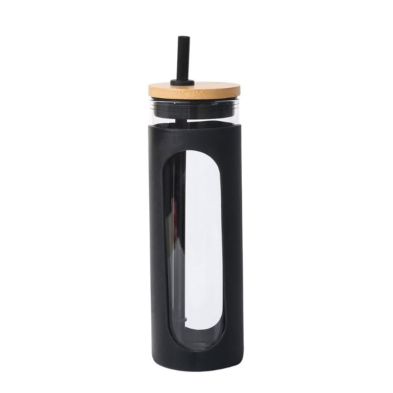 Reusable glass water tumbler with silicone bamboo lid, straw, and iced coffee design by EasyOptionXY