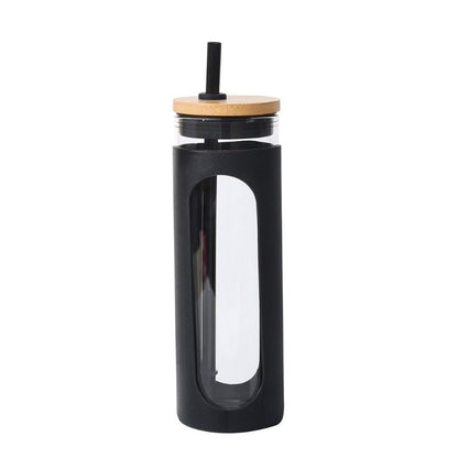 Reusable glass water tumbler with silicone bamboo lid, straw, and iced coffee design by EasyOptionXY