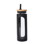 Reusable glass water tumbler with silicone bamboo lid, straw, and iced coffee design by EasyOptionXY