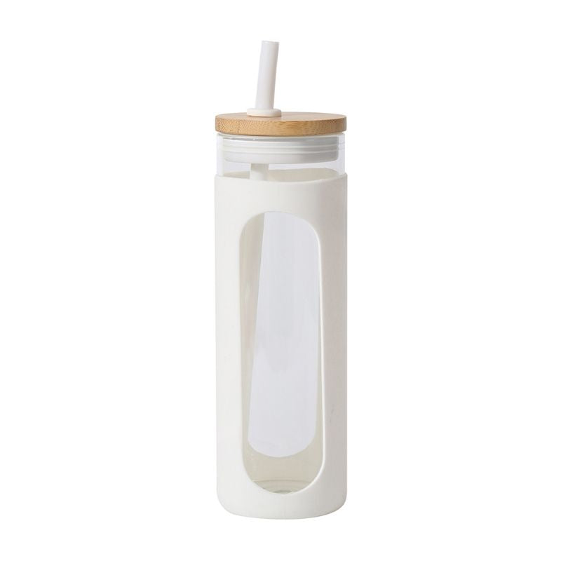 Reusable glass water tumbler with silicone bamboo lid and straw, perfect for iced coffee and cold beverages, by EasyOptionXY.