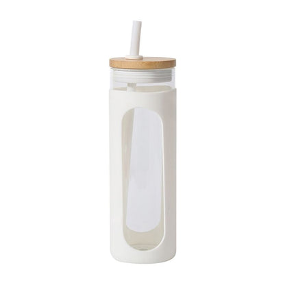 Reusable glass water tumbler with silicone bamboo lid and straw, perfect for iced coffee and cold beverages, by EasyOptionXY.