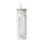 Reusable glass water tumbler with silicone bamboo lid and straw, perfect for iced coffee and cold beverages, by EasyOptionXY.