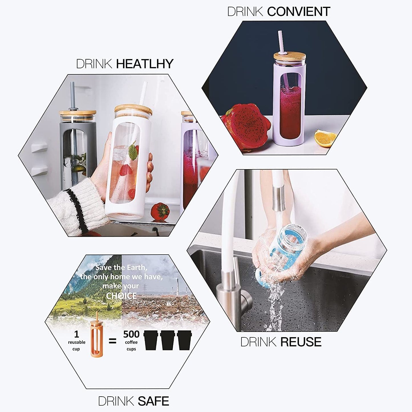 Glass water tumbler by EasyOptionXY with silicone bamboo lid, reusable straw, perfect for iced coffee or cold drinks.