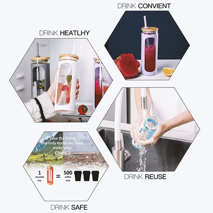 Glass water tumbler by EasyOptionXY with silicone bamboo lid, reusable straw, perfect for iced coffee or cold drinks.