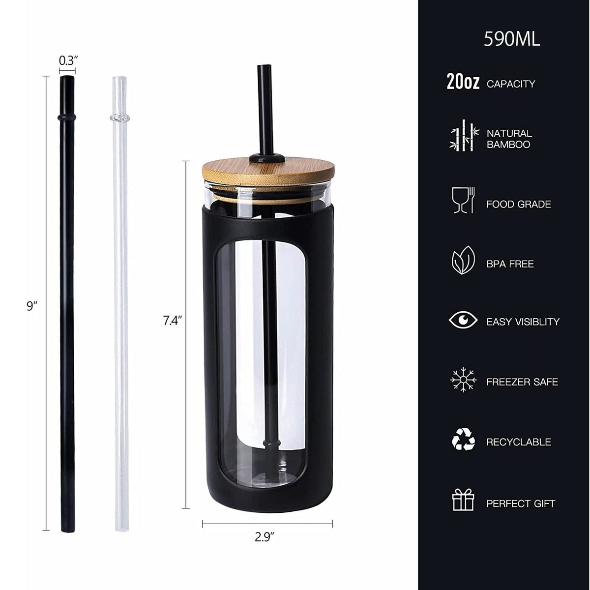 Glass water tumbler from EasyOptionXY with silicone bamboo lid, reusable iced coffee cup with straw and clear design.