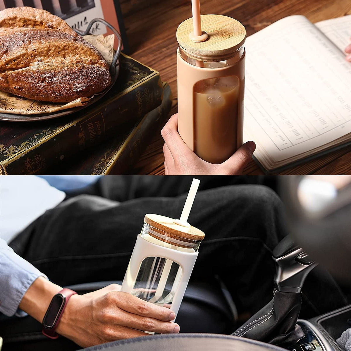 Glass water tumbler with silicone bamboo lid and reusable straw, ideal for iced coffee and beverages, by EasyOptionXY.