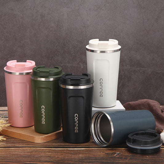 12 oz stainless steel vacuum insulated travel mug by EasyOptionXY with spill-proof lid, ideal for hot or iced coffee, tea, or beer.