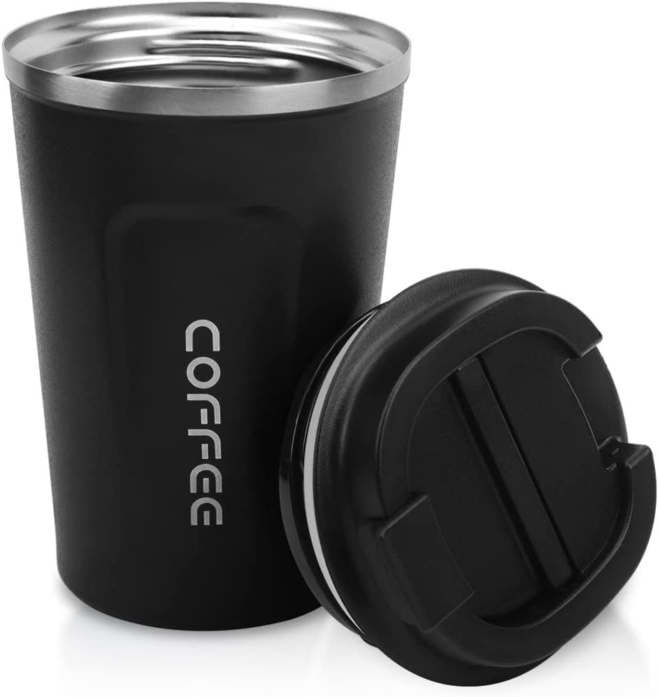 12 oz stainless steel vacuum insulated tumbler by EasyOptionXY with spill-proof lid, keeps coffee, tea, or beer hot or cold.