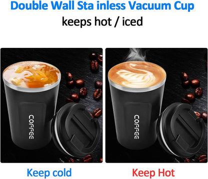 EasyOptionXY 12 oz stainless steel vacuum insulated tumbler with spill-proof lid for hot or cold coffee, tea, or beer.