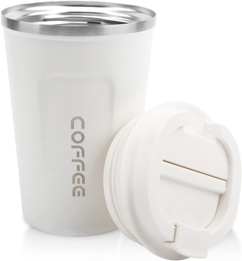 EasyOptionXY 12 oz stainless steel vacuum insulated tumbler with spill-proof lid, ideal for hot or cold coffee, tea, or beer.