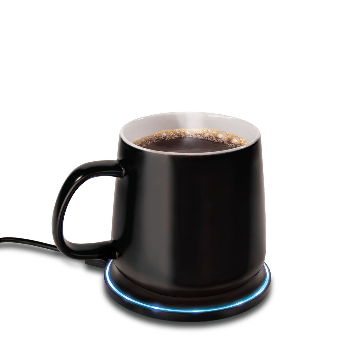 EasyOptionXY 2-in-1 smart mug warmer and QI wireless charger on a desk, showing the device with glowing heating and charging indicator lights.