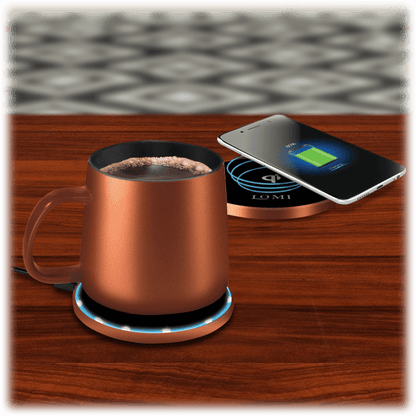 EasyOptionXY 2-in-1 smart mug warmer and QI wireless charger showing a sleek black device with glowing indicator lights.