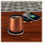 EasyOptionXY 2-in-1 smart mug warmer and QI wireless charger showing a sleek black device with glowing indicator lights.