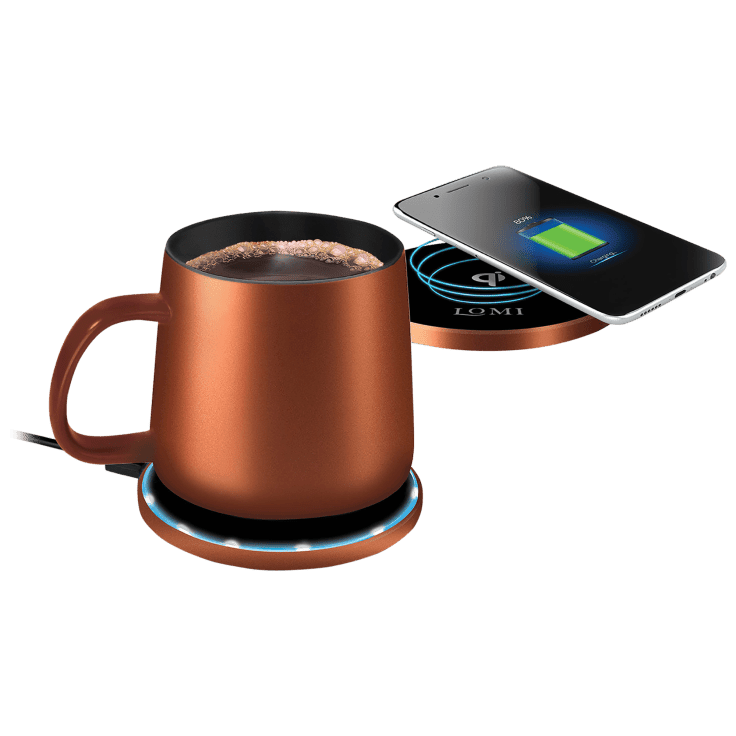 EasyOptionXY 2-in-1 smart mug warmer and QI wireless charger on a desk, showing the device with glowing indicator lights and charging surface.