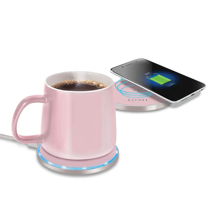 EasyOptionXY 2-in-1 smart mug warmer and QI wireless charger, compact device with digital display and sleek black finish.