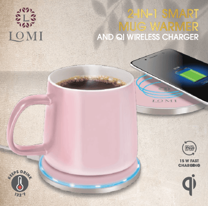 EasyOptionXY 2-in-1 smart mug warmer with QI wireless charger, featuring a sleek black design and touch controls.