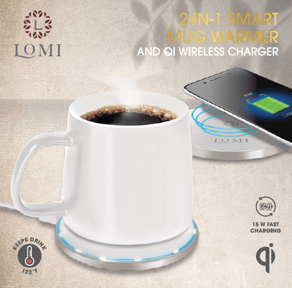 EasyOptionXY 2-in-1 smart mug warmer and QI wireless charger with sleek design and functional controls.