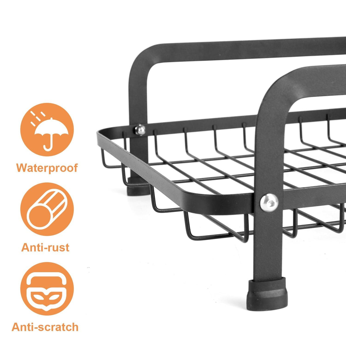 Rustproof 2-tier dish drying rack with drainboard by EasyOptionXY, perfect for saving counter space and organizing dishes.