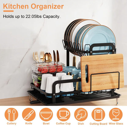 EasyOptionXY 2-tier rustproof dish drying rack with drainboard and detachable drainer for kitchen counter organization