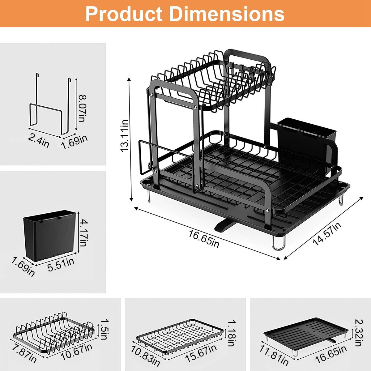EasyOptionXY 2-tier dish drying rack with drainboard, rustproof kitchen counter organizer, space-saving design and detachable drainer