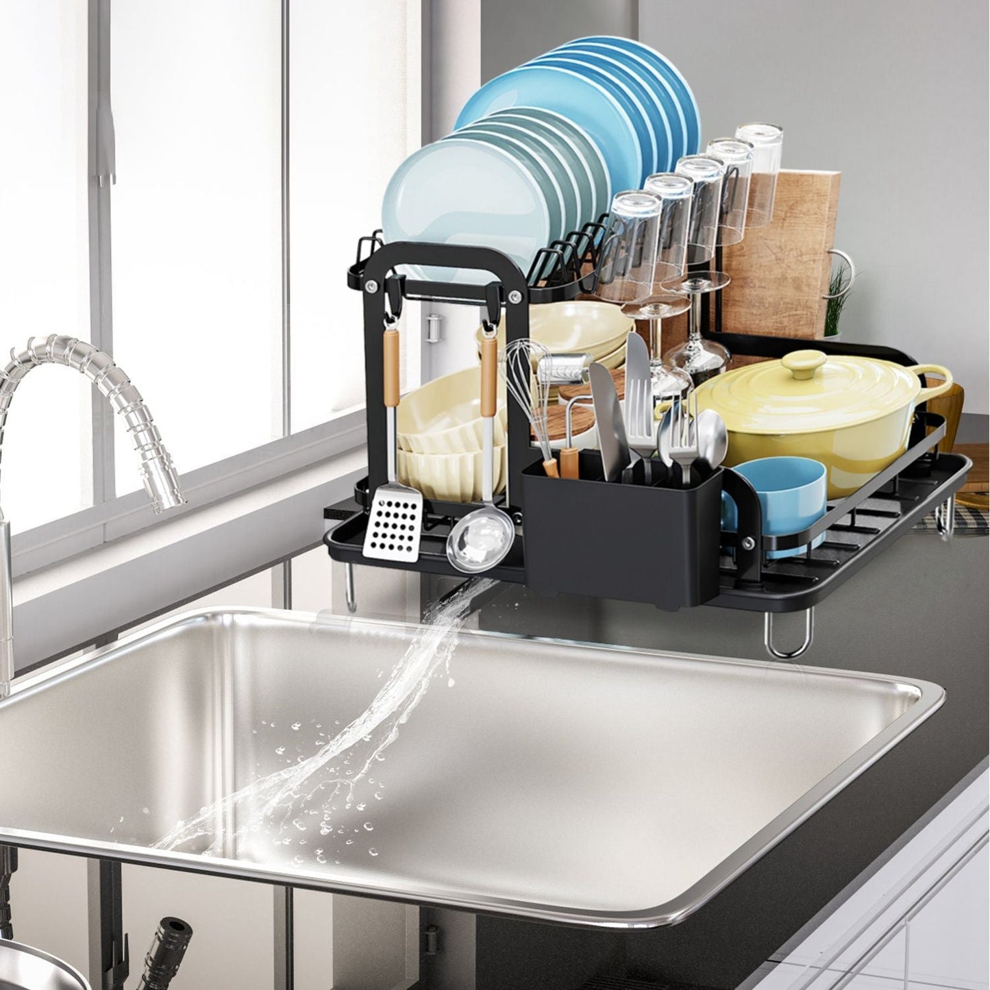 EasyOptionXY 2-tier dish drying rack with drainboard, rustproof kitchen counter organizer, featuring detachable drainer and space-saving design.
