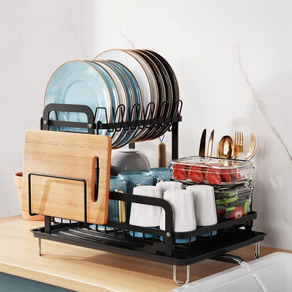 Rustproof 2-tier dish drying rack with drainboard and organizer, ideal for kitchen counter storage from EasyOptionXY.