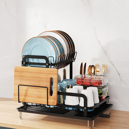 EasyOptionXY 2-tier dish drying rack with drainboard, rustproof stainless steel, kitchen counter organizer, and detachable drainer.