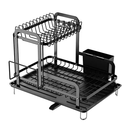Rustproof 2-tier dish drying rack with drainboard by EasyOptionXY, designed for kitchen counter organization and space saving.