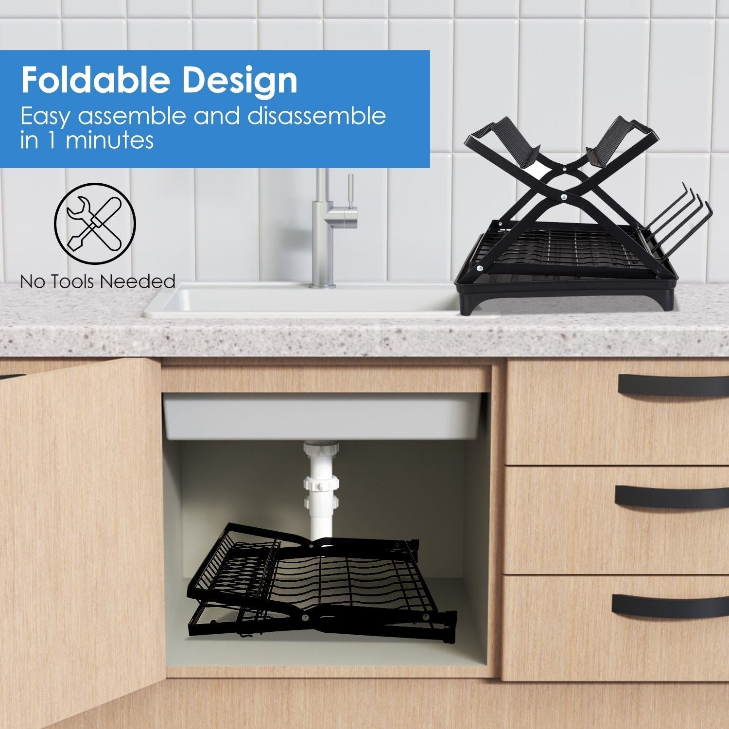 Black 2-tier dish drying rack with foldable design, cup holder, utensil holder, and drainboard for kitchen countertop use.
