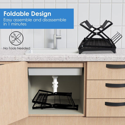 Black 2-tier dish drying rack with foldable design, cup holder, utensil holder, and drainboard for kitchen countertop use.