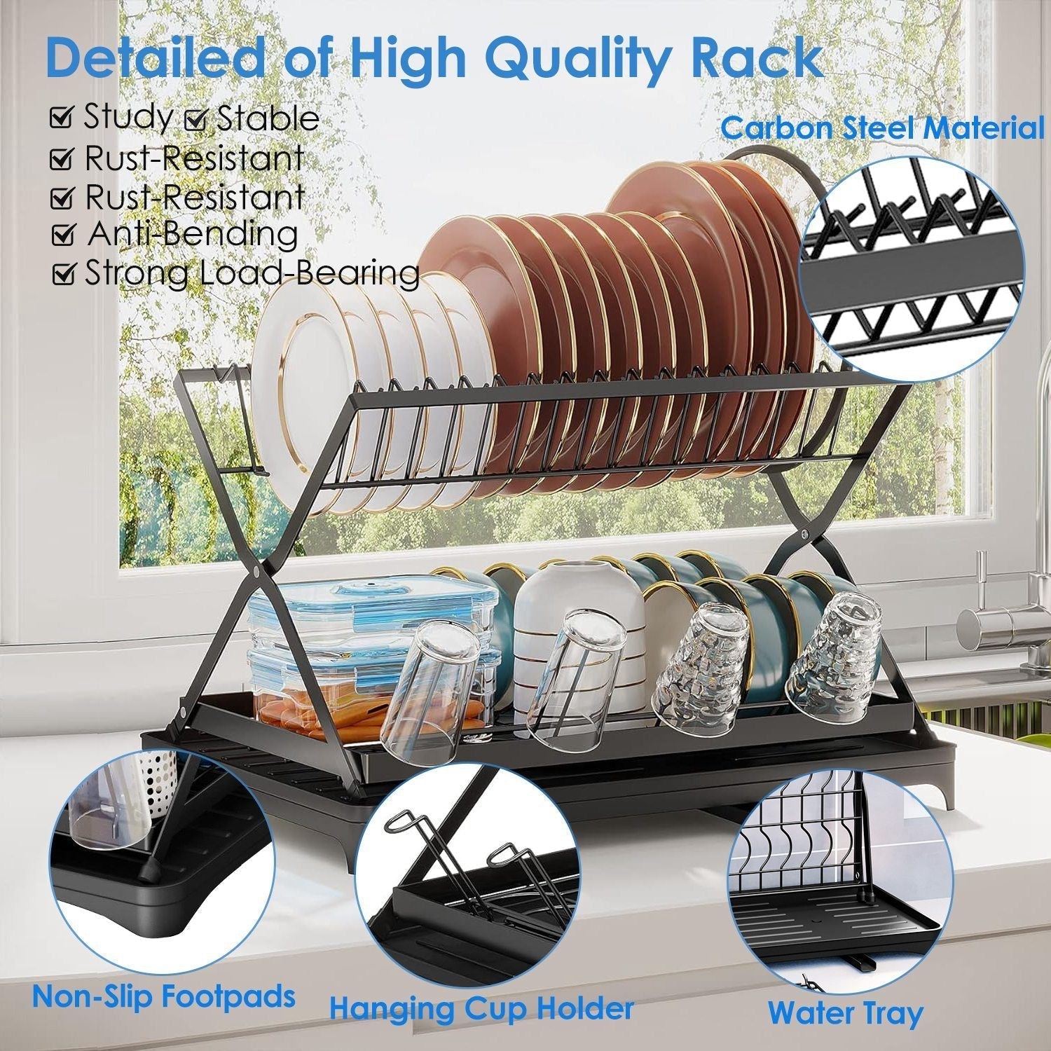Black 2-tier dish drying rack with cup holder and drainboard, foldable kitchen countertop utensil holder by EasyOptionXY.