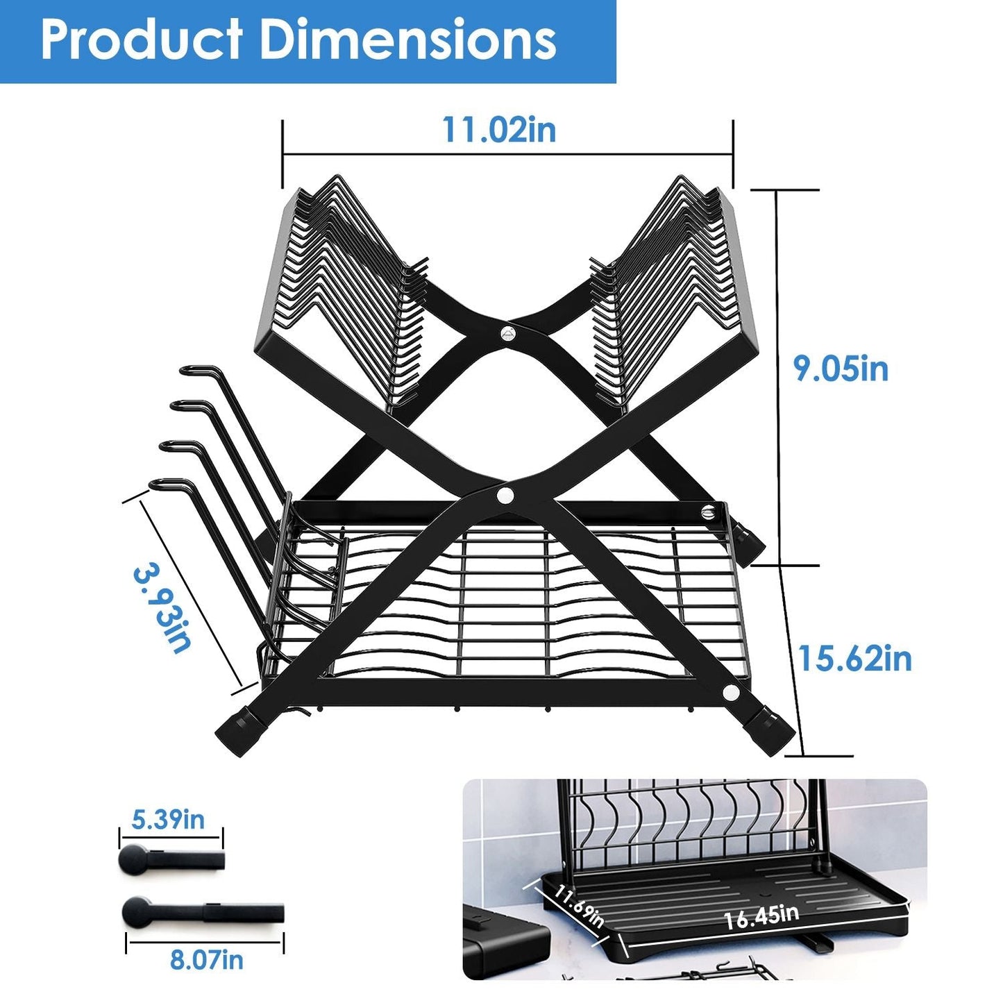 Black 2-tier dish drying rack with cup holder, foldable design, rustproof utensil holder, and drainboard for kitchen counter.