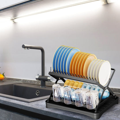 Black 2-tier dish drying rack with cup holder and drainboard, foldable rustproof utensil holder for kitchen countertop by EasyOptionXY